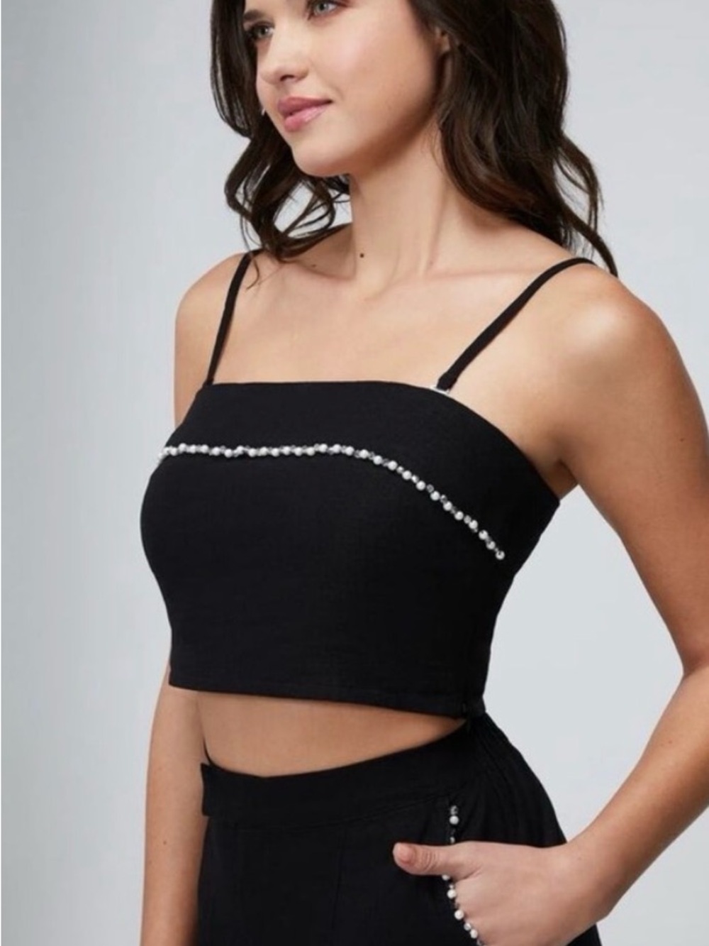 Wildfox Odessa Black Pearl Trim Linen Crop Top Cami Medium‎ Chic Preppy Minimal